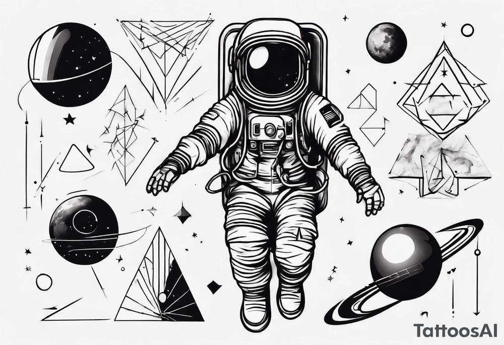 Astronaut floating around geometric lines and shapes tattoo idea Astronaut floating around geometric lines and shapes tattoo idea