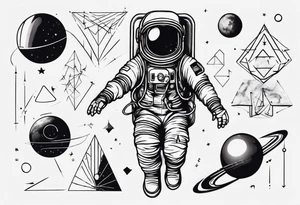 Astronaut floating around geometric lines and shapes tattoo idea