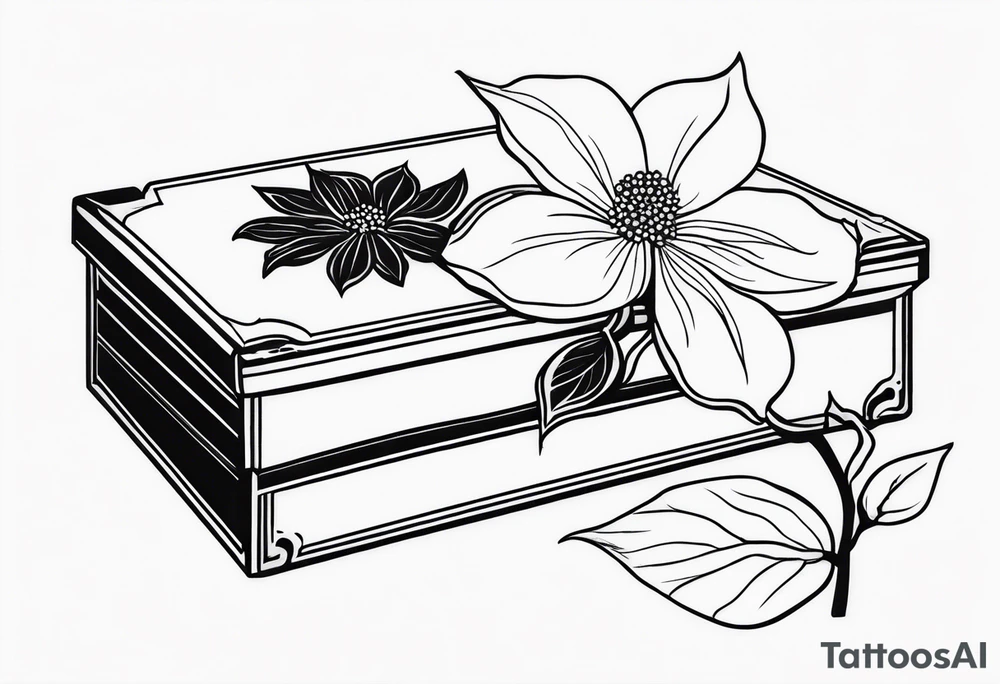 A simple vintage cigar box with a dogwood flower next to it tattoo idea