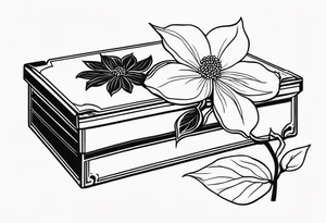 A simple vintage cigar box with a dogwood flower next to it tattoo idea