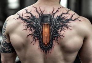 A ripped-skin illusion showing carbon fiber muscles and glowing orange pistons in motion. tattoo idea
