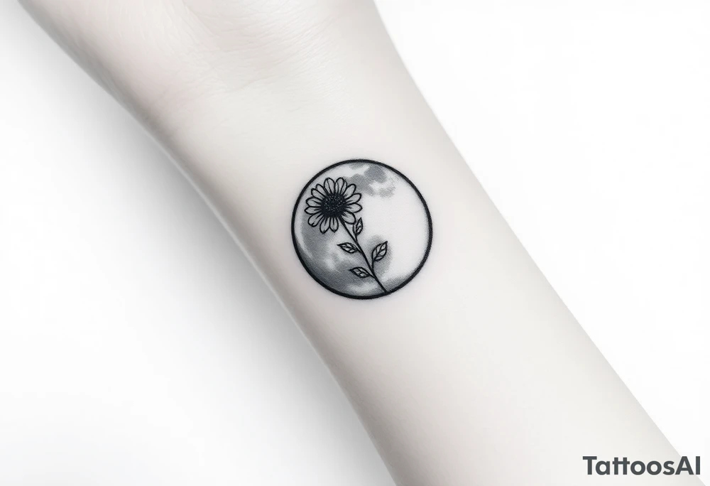 Small black and white tattoo full moon with small chrysanthemum birth flower AND tiny scorpio gliph inside moon tattoo idea