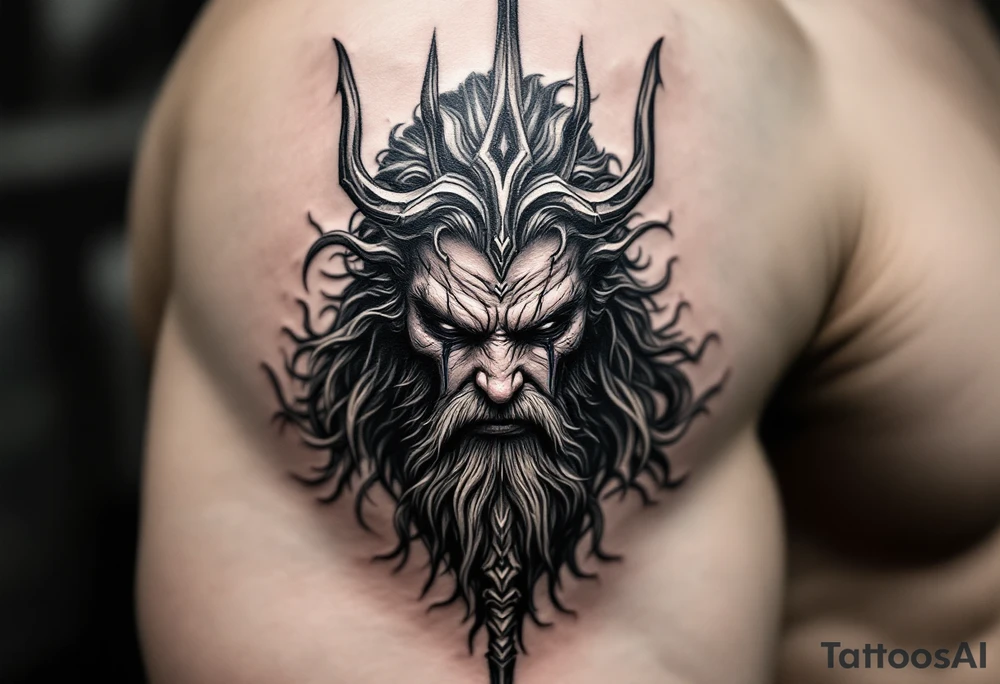 close-up crying poseidon behind a trident tattoo idea