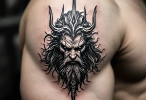 close-up crying poseidon behind a trident tattoo idea