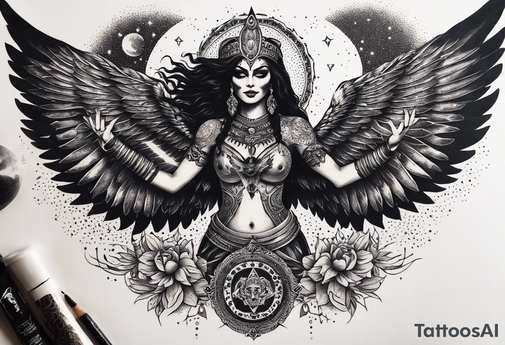 black kali, goddess pirate, alien, angel, pachamama, valkrye, warrior, flying, skull, lotus azul, wing, eagle, zenza resonance, stars, 5D, anahata chakra, death, durga, riding on a tiger, flying lady, kundalini, chest tatoo, rebel tattoo idea