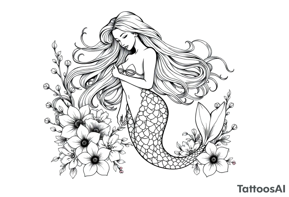 ethereal mermaid with flowing hair among coral and sea flowers tattoo idea