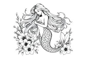 ethereal mermaid with flowing hair among coral and sea flowers tattoo idea