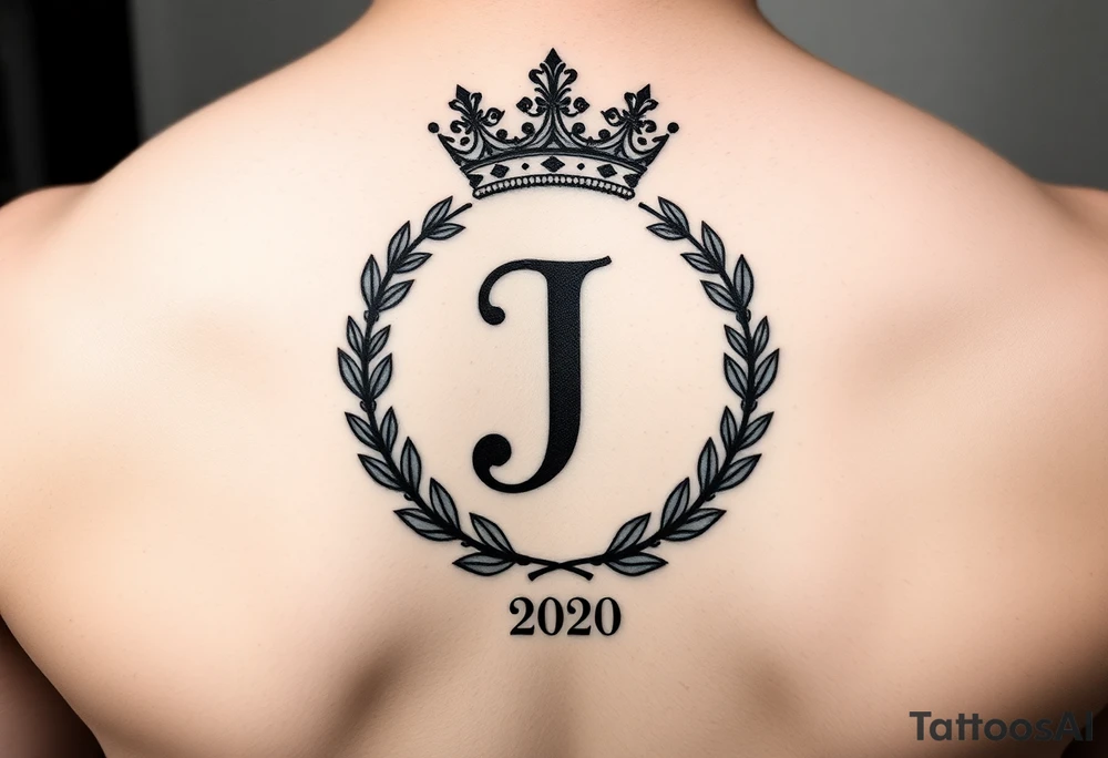 I would like to have an example for a tattoo. In which the initial J is central with a laurel wreath from bottom to top and a crown on top. Furthermore, please include a birth year 2020 or his birth date in Roman tattoo idea