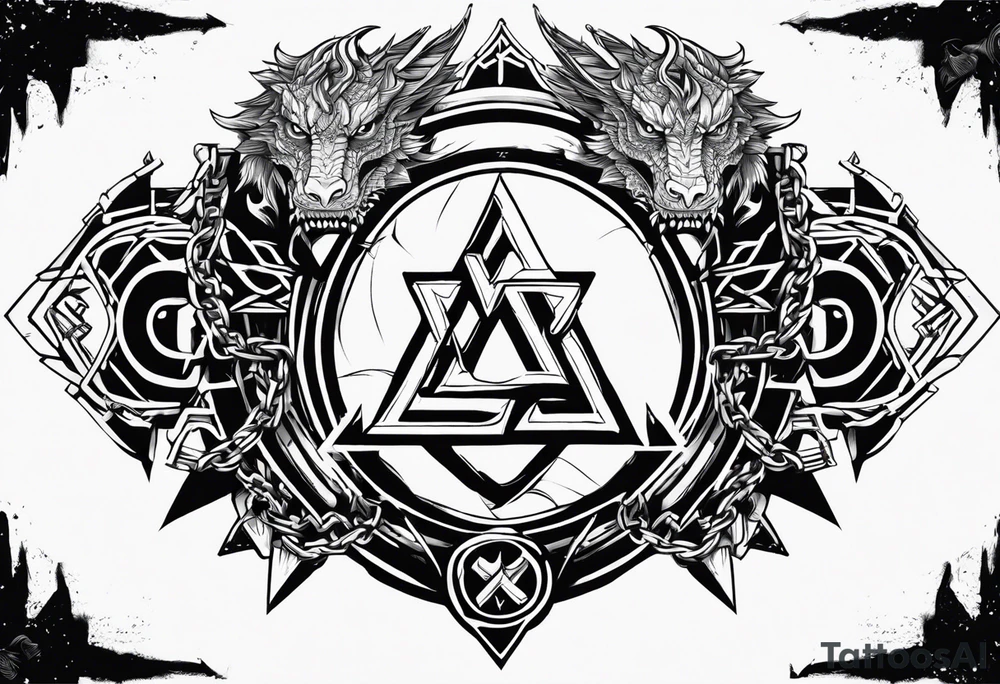 Valhalla sword shield dragon axe Valknut barbed wire chains fire tattoo idea Valhalla sword shield dragon axe Valknut barbed wire chains fire tattoo idea