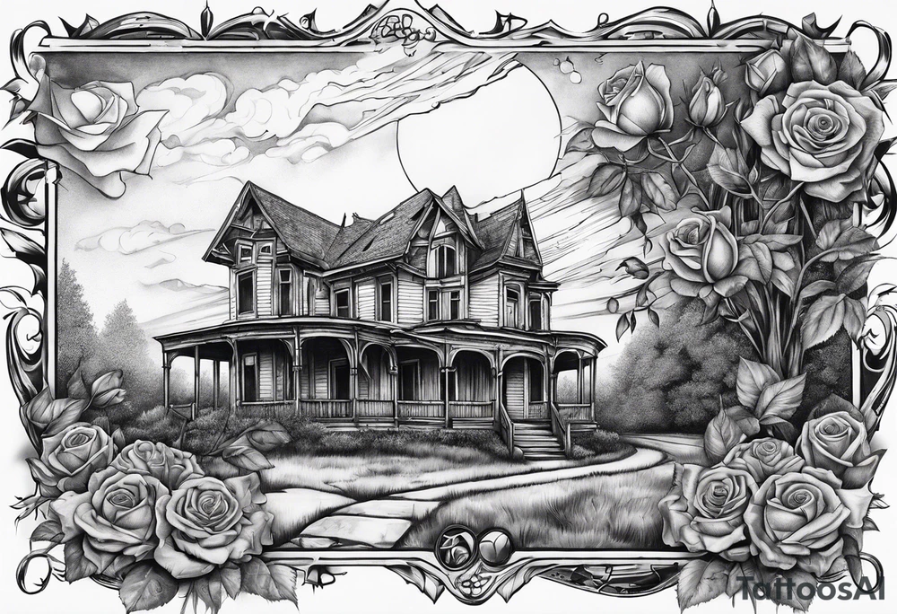 abandoned old house, broken sword, roses tattoo idea