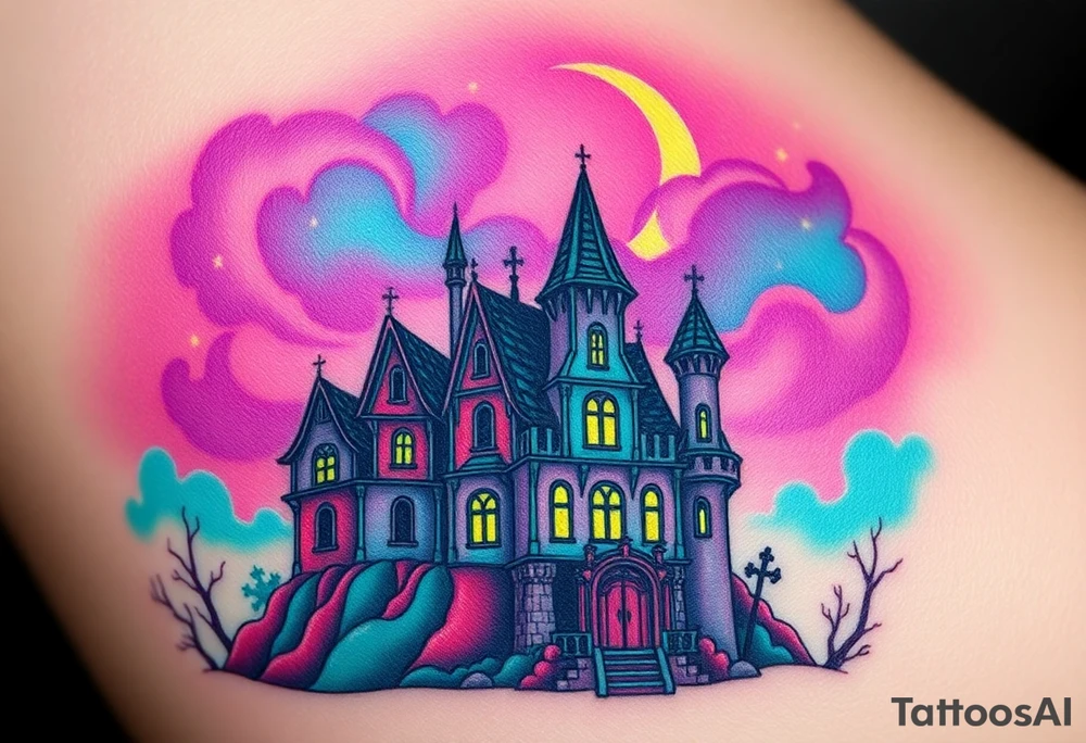 Tim Burton’s disney sleeping beauty’s haunted castle is abandoned and dripping with muted reds, dusty pinks, and eerie green glow.purple and cyan smokey clouds swirl in the crescent moonlit sky thats sprinkled with stars tattoo idea tattoo idea