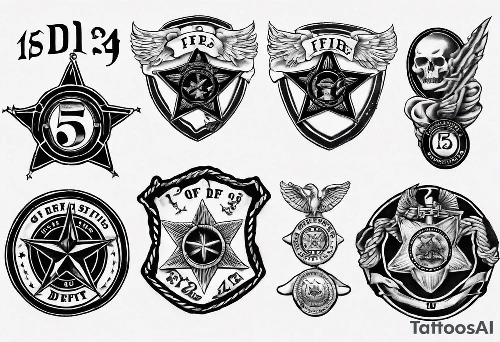 Sleeve tattoo, top is fire crest with captain bugles inside, below is 5 point deputy sheriff badge, GT45 badge number u der that a medical star of life tattoo idea