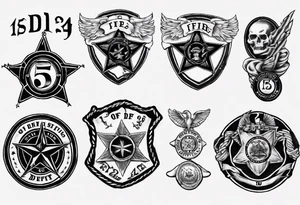 Sleeve tattoo, top is fire crest with captain bugles inside, below is 5 point deputy sheriff badge, GT45 badge number u der that a medical star of life tattoo idea