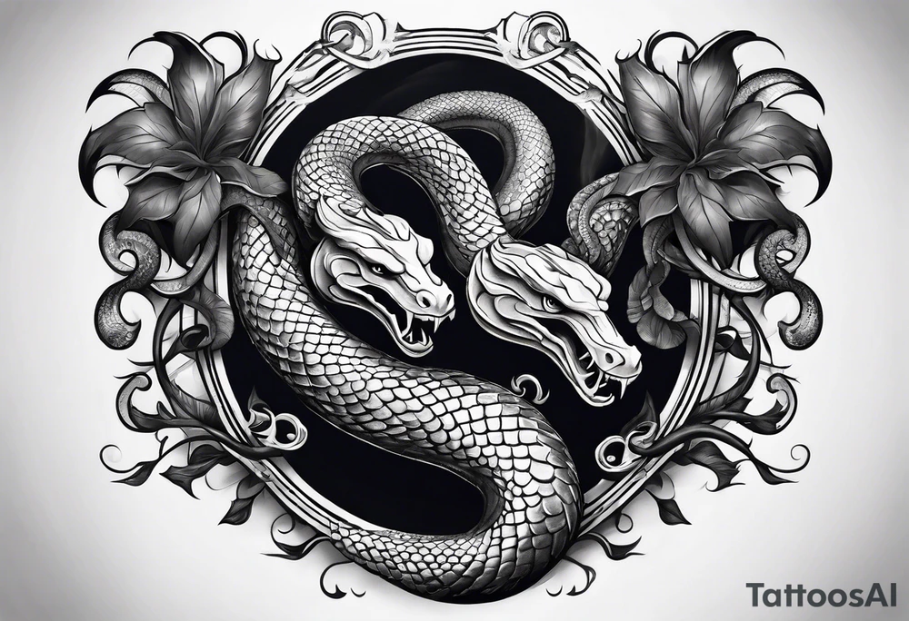 sleeve tattoo with a hydra snake, gun, weed symbol tattoo idea