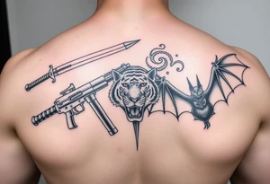 Tattoo design featuring Kuwabaras spirit Sword, Yusukes spirit gun, Toradoras palm top tiger, and the Demon devil bat tattoo idea