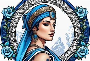 ancient rome clothes women, with Libra in one hand and a sword in the other, blue rose frames tattoo idea