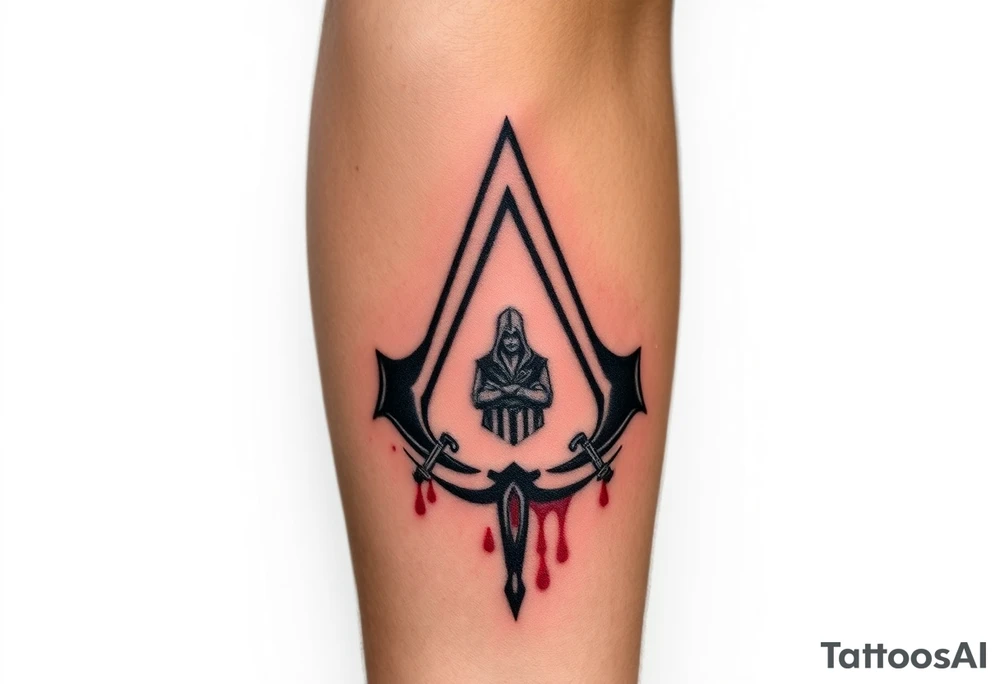 Assassins Creed emblem with Ezio hooded character with blood splashes and weapons as the bottom logo tattoo idea