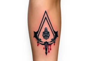 Assassins Creed emblem with Ezio hooded character with blood splashes and weapons as the bottom logo tattoo idea
