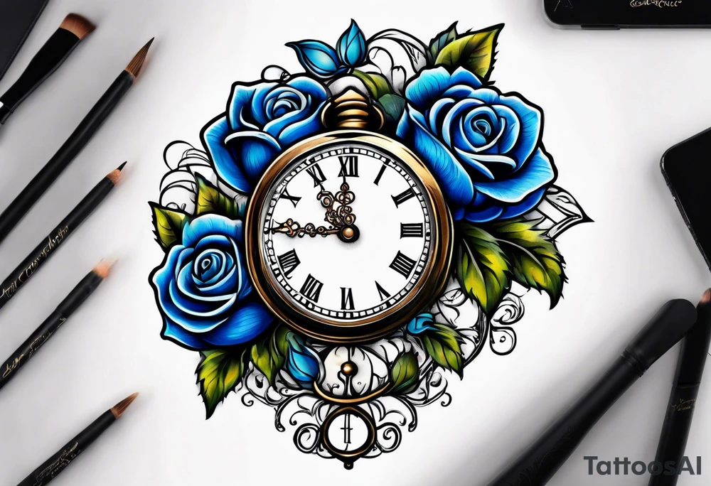 Pocket clock with blue roses tattoo idea
