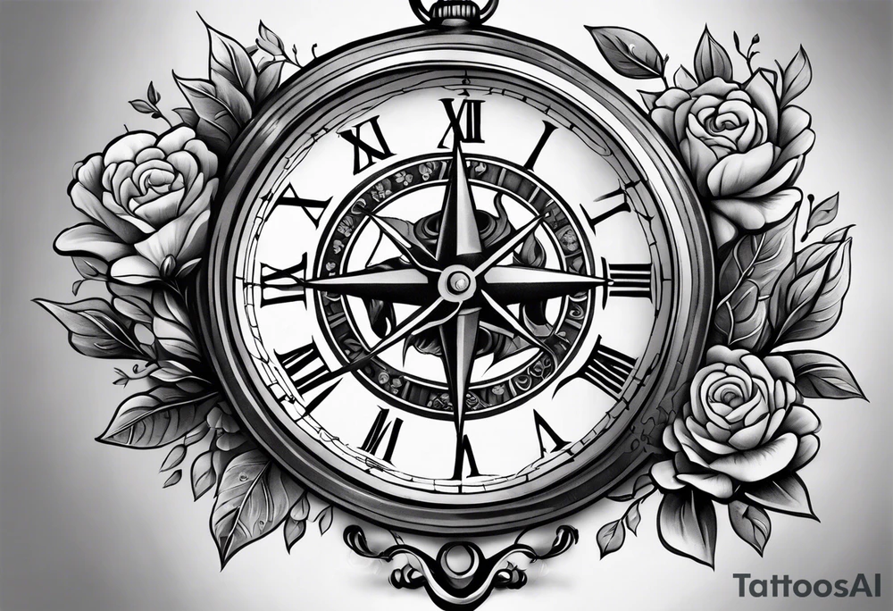 black and grey composition of three elements, 1), combination old school pocket watch and nautical compass in pieces, 2) a tree of life and 3) a doctor bird, connected together by lignum vitae flowers, on the arm 3/4 sleeve black and grey tattoo idea