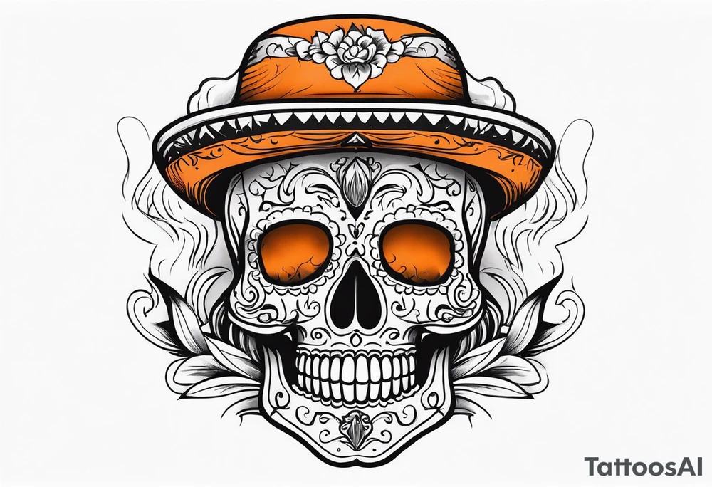 Mexican skull with smoke coming out of the bottom orange and black tattoo idea
