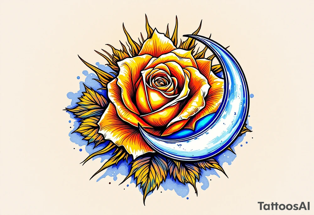 Golden sun with sharp rays extending outward, painted in warm yellows and oranges to create a vibrant, fiery aura around the flower. The sun symbolizes energy, life, and growth. The light from the sun subtly illuminates the rose, reflecting its warmth. On the opposite side of the rose, a soft silver crescent moon, painted in light silver with soft blue highlights, casting a gentle glow over the rose. The moon represents calm, serenity, and the quieter aspects of love. The moon’s soft glow balances the brightness of the sun, symbolizing the balance between day and night. tattoo idea