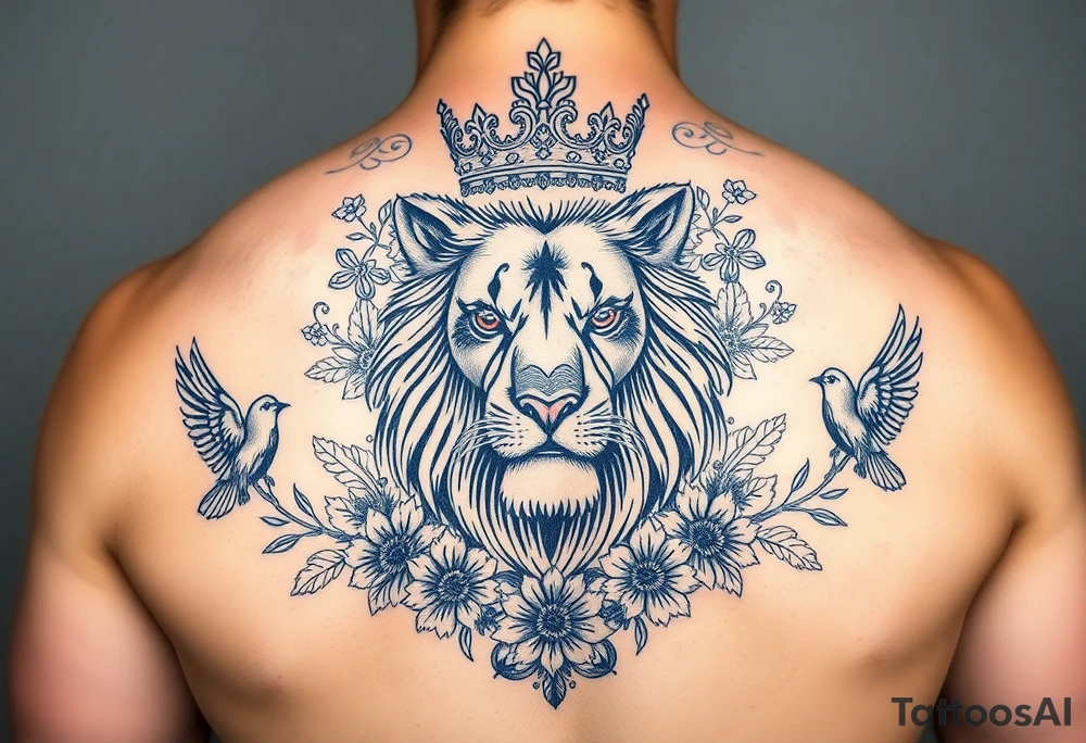 powerful majestic lion with a crown, surrounded by floral ornaments and birds tattoo idea