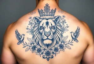 powerful majestic lion with a crown, surrounded by floral ornaments and birds tattoo idea