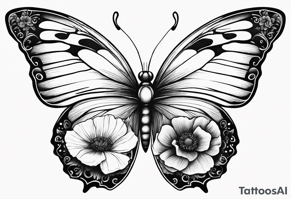 Butterfly with poppies INSIDE the top part of the wings. Bottom part should be left exactly like a butterfly tattoo idea