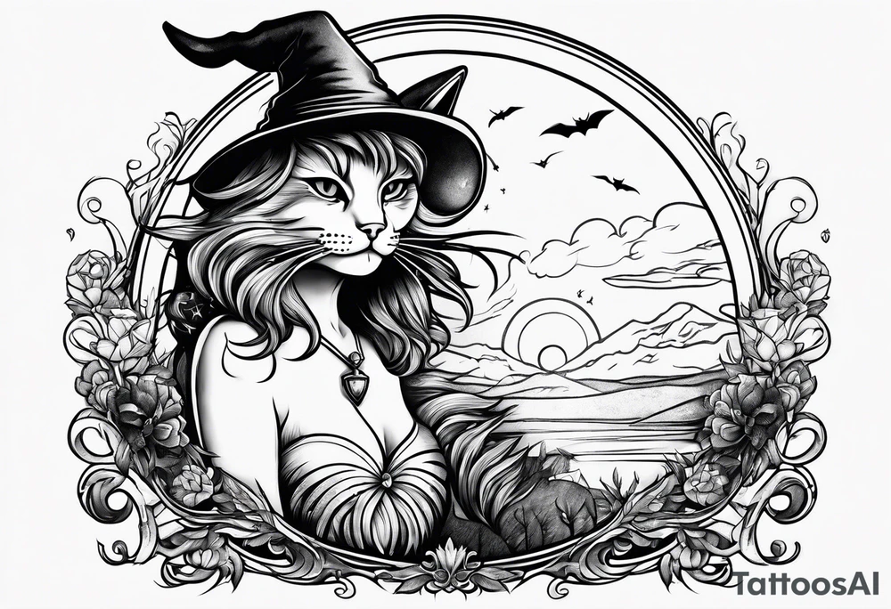 Cat witch looking suspiciously off into the horizon tattoo idea