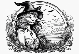 Cat witch looking suspiciously off into the horizon tattoo idea