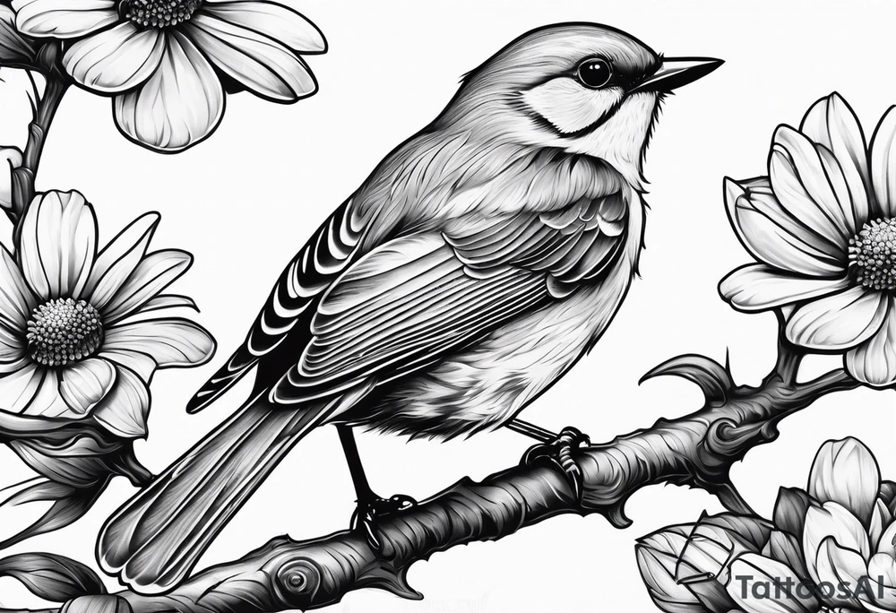 little bird, sitting on a branch biting a daisy tattoo idea