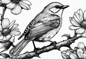 little bird, sitting on a branch biting a daisy tattoo idea