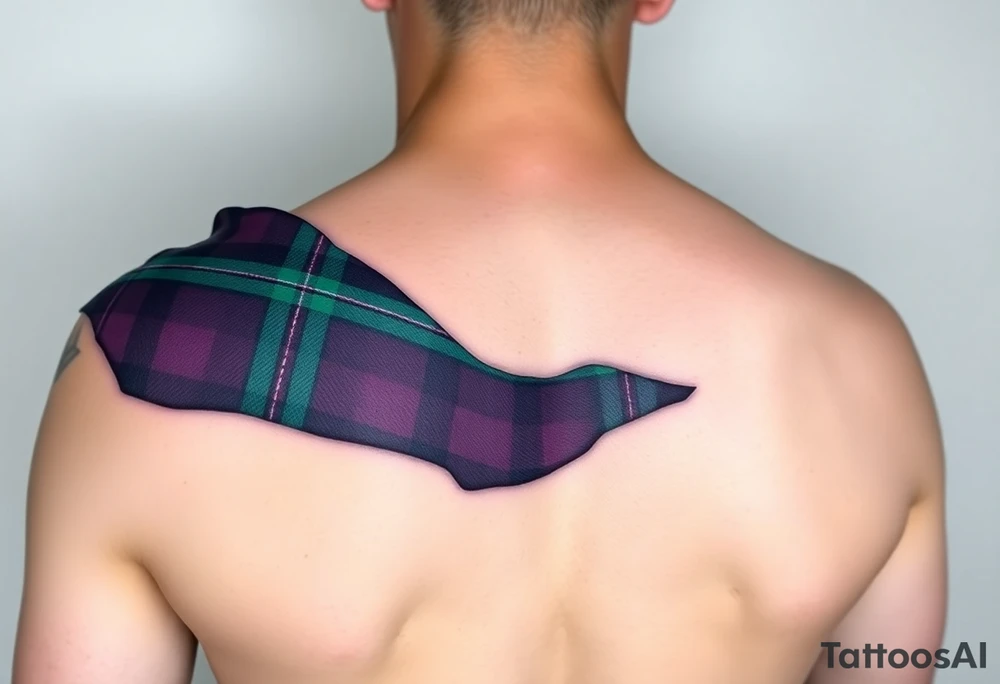 Dark Purple with green pink blue and white highlights tartan fabric with skin around edges peeling and wrapping around shoulder tattoo idea