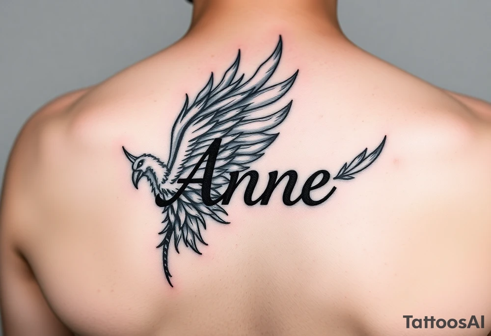 the name Anne in a burning phoenix feather tattoo idea