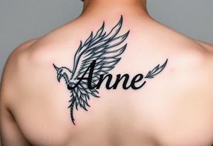 the name Anne in a burning phoenix feather tattoo idea