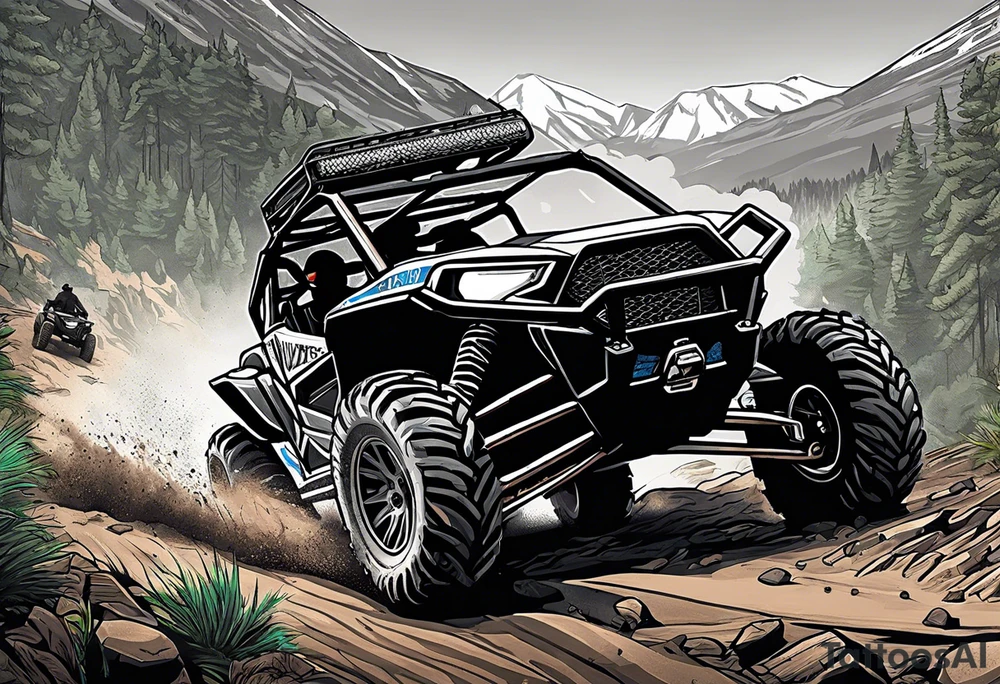 wilderness 4x4 trail with multiple polaris rzr off road vehicles slinging mud, include a rider with a helmet driving tattoo idea