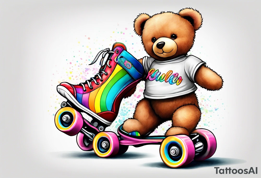a teddy bear, wearing cute, pastel rainbow roller skates tattoo idea