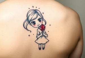 Cartoon style Ruby gem stone being held by a little girl tattoo idea