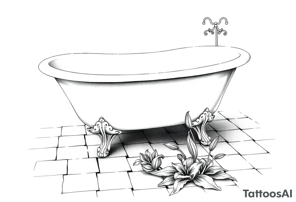 Clawfoot bathtub on tile floor with lily coming up from floor tattoo idea