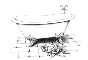 Clawfoot bathtub on tile floor with lily coming up from floor tattoo idea