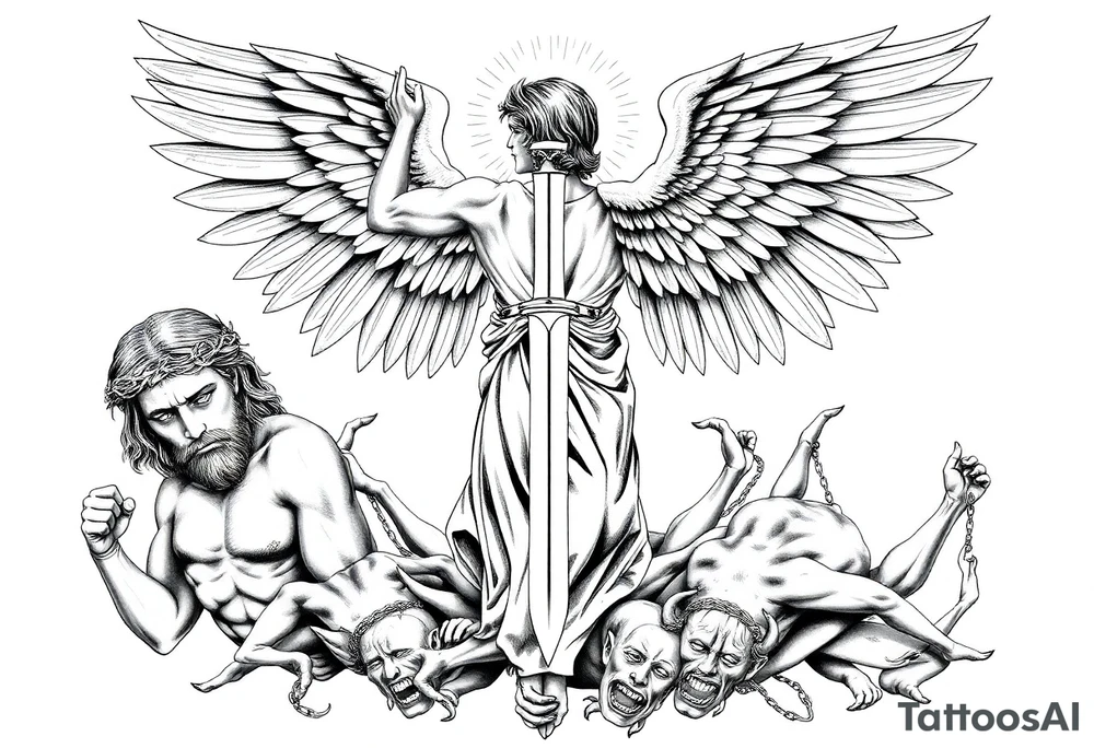 The tattoo is a black and gray, highly detailed, full-back design in a classical artistic style, depicting a powerful Archangel Michael as the central figure. He stands in a dominant stance, wielding a long, intricately designed sword, symbolizing divine justice. His large, majestic wings extend outward, detailed with fine feather textures, creating a sense of movement and grandeur. A radiant halo or divine light emanates from behind his head, reinforcing his celestial presence.

Below Archangel Michael, defeated demons writhe in agony, their faces twisted in expressions of despair as they are cast down. Their muscular, contorted bodies contrast with the angel’s calm, commanding presence. Some demons may have broken chains around them, symbolizing their fall from grace.

To the left of Archangel Michael, Jesus Christ is depicted wearing a crown of thorns, his face solemn and contemplative, representing sacrifice and redemption. His hair flows naturally, and his eyes may be gazing downward with an expression of divine wisdom and sorrow. His placement aligns with Christian iconography, adding to the religious depth of the tattoo.

On the right side, a sorrowful Virgin Mary is depicted with a serene yet deeply emotional expression. She is draped in flowing robes, her hands clasped in prayer or gently outstretched. Her presence balances the composition, representing mercy, compassion, and divine grace.

The background features dramatic, swirling clouds, rays of light, and subtle celestial elements to enhance the spiritual and dramatic atmosphere. The shading technique uses deep contrasts and smooth gradients to create depth, making the figures appear almost sculptural. Every detail, from the folds of the robes to the individual feathers of Michael’s wings, is meticulously rendered for a realistic and timeless aesthetic. tattoo idea