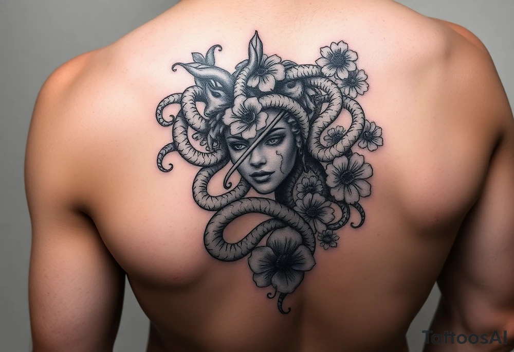 Medusa with snakes and flowers tattoo idea