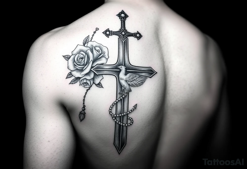 Cross sword on arm darkened in with roses pearls on the sword and a small phoenix rising from the ashes feminine tattoo idea