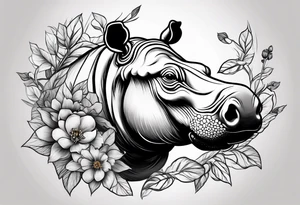 A hippo head with a detailed realistic full moon on upper right corner and wintersweet flower on lower left corner tattoo idea