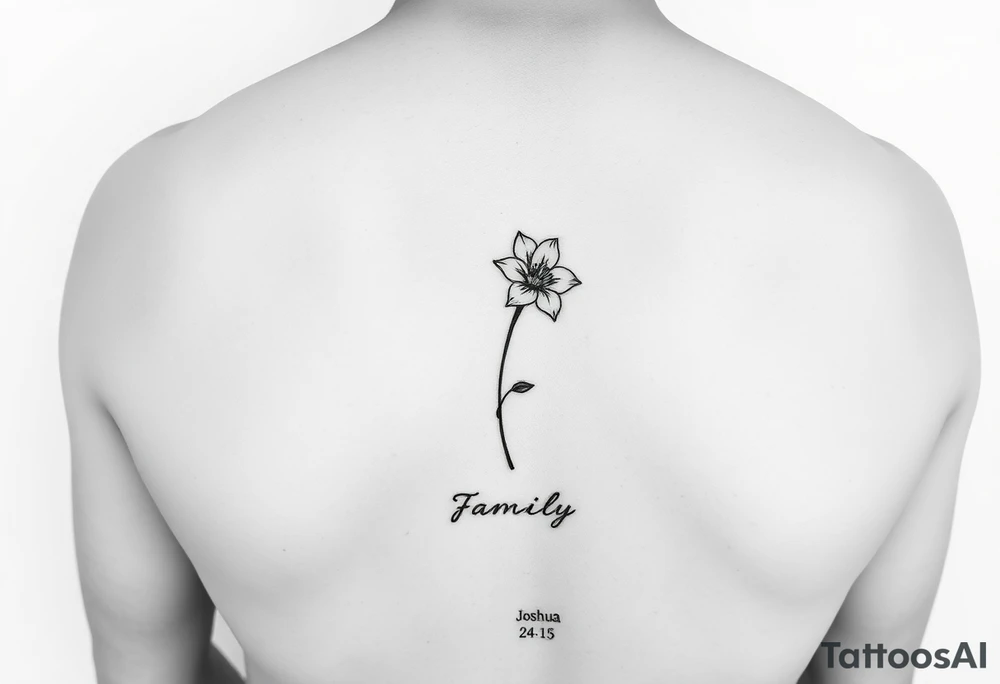 fine-line narcissus flower on my inner wrist, with the stem flowing down into the word Family in soft cursive, and Joshua 24:15 in tiny clean text underneath. photo of it tattoo idea