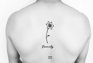 fine-line narcissus flower on my inner wrist, with the stem flowing down into the word Family in soft cursive, and Joshua 24:15 in tiny clean text underneath. photo of it tattoo idea