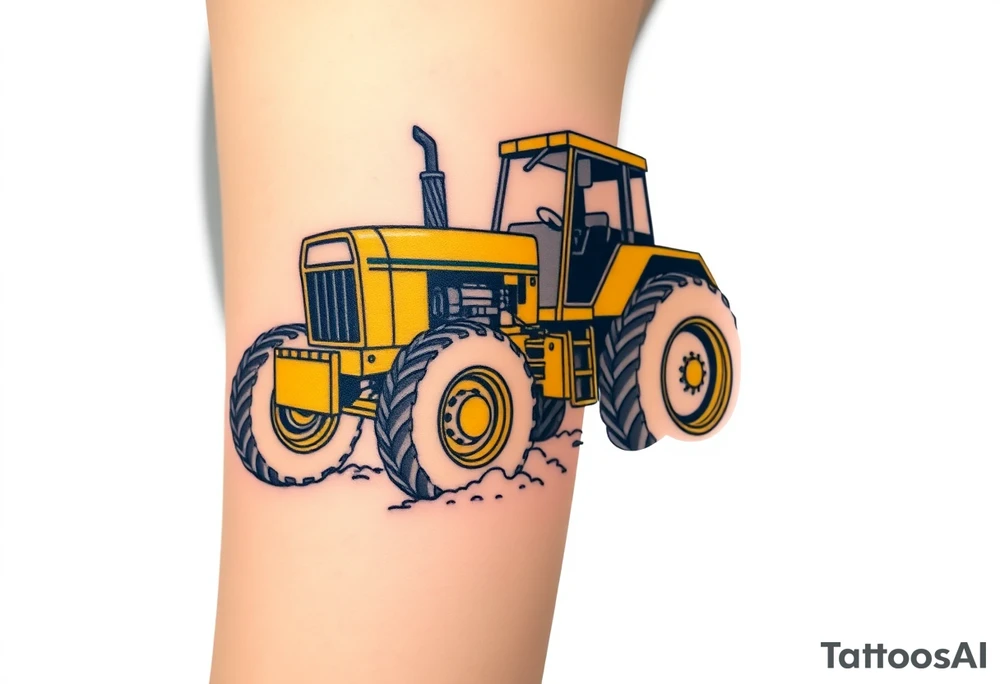 A hyper-realistic yellow tractor in motion, dust swirling around its massive tires. tattoo idea