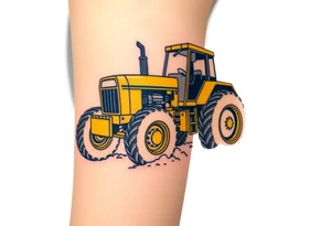 A hyper-realistic yellow tractor in motion, dust swirling around its massive tires. tattoo idea