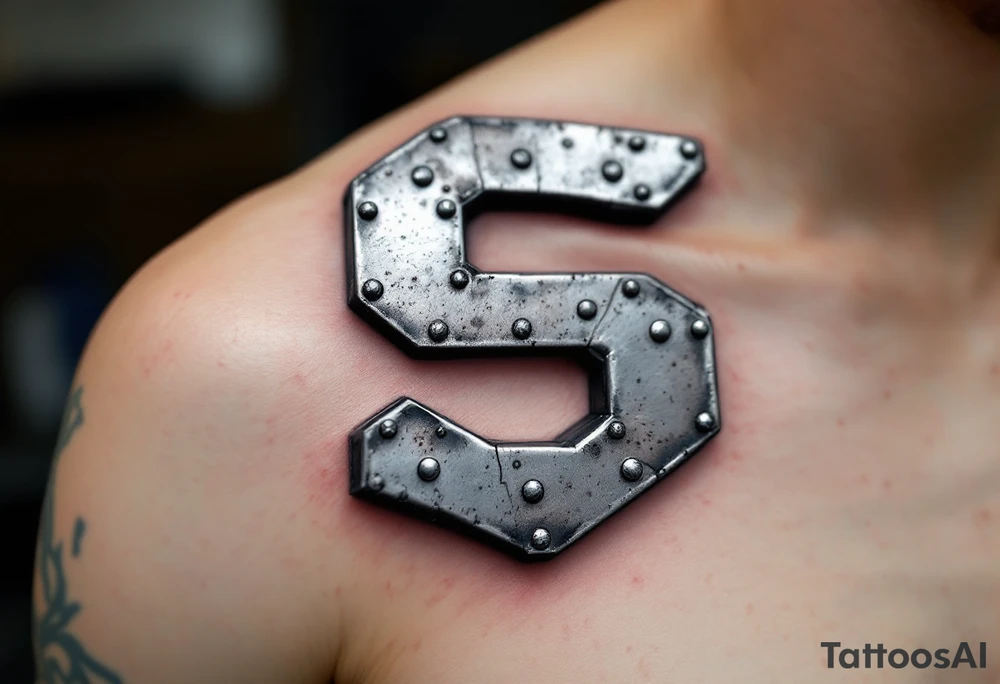 A sleek metallic silver "S" with rivets and industrial texture, like a forged steel emblem. tattoo idea